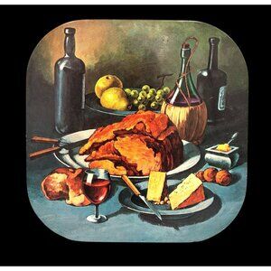 Trivet Vintage Italian Still Life Mid-Century Meat Wine Cheese Metal Kitchen Art
